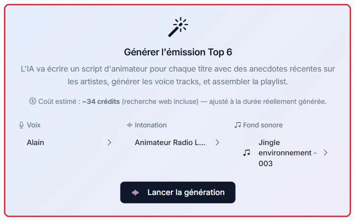 La carte de génération : ce que fait l'IA, le coût estimé en crédits et le bouton de lancement.