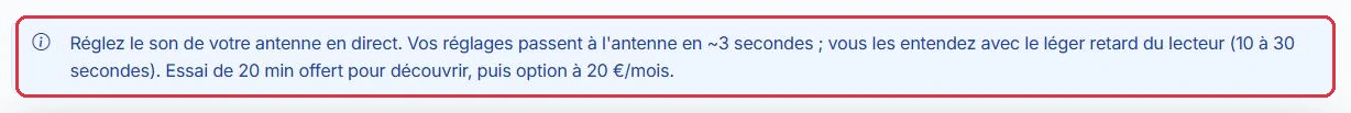 Le bandeau d information en haut de la page : délai, essai offert et prix de l option