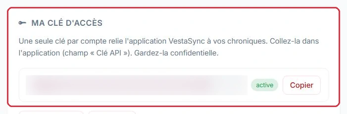 La carte « Ma clé d accès » et son bouton Copier (clé masquée ici)