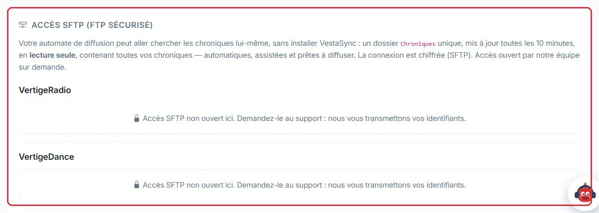 La carte « Accès SFTP » liste vos radios et l état de l accès