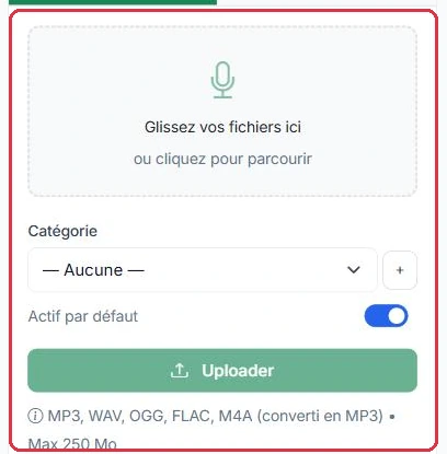 L'onglet « Uploader » : dépôt des fichiers, catégorie et formats acceptés.